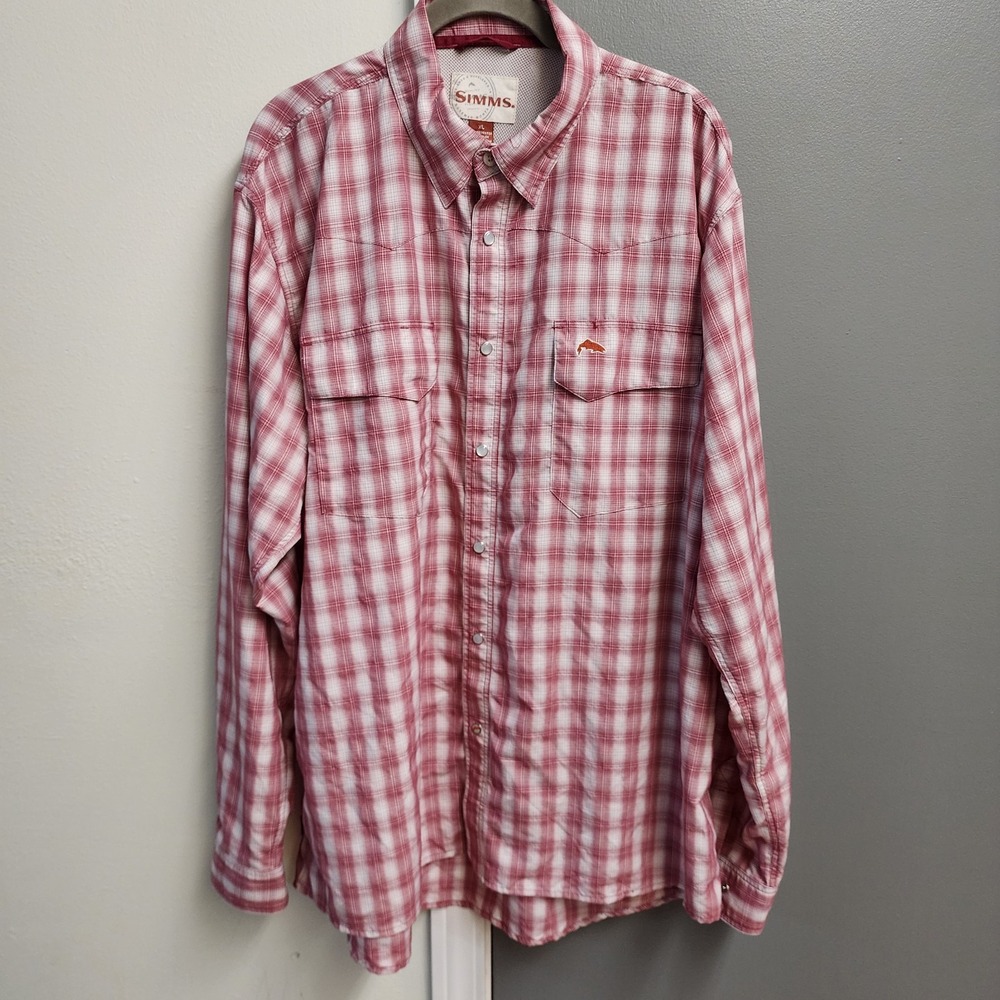 Simms Pearl Snap Shirt Men's XL Burgundy Plaid Vented Fishing Shirt W Embroidery